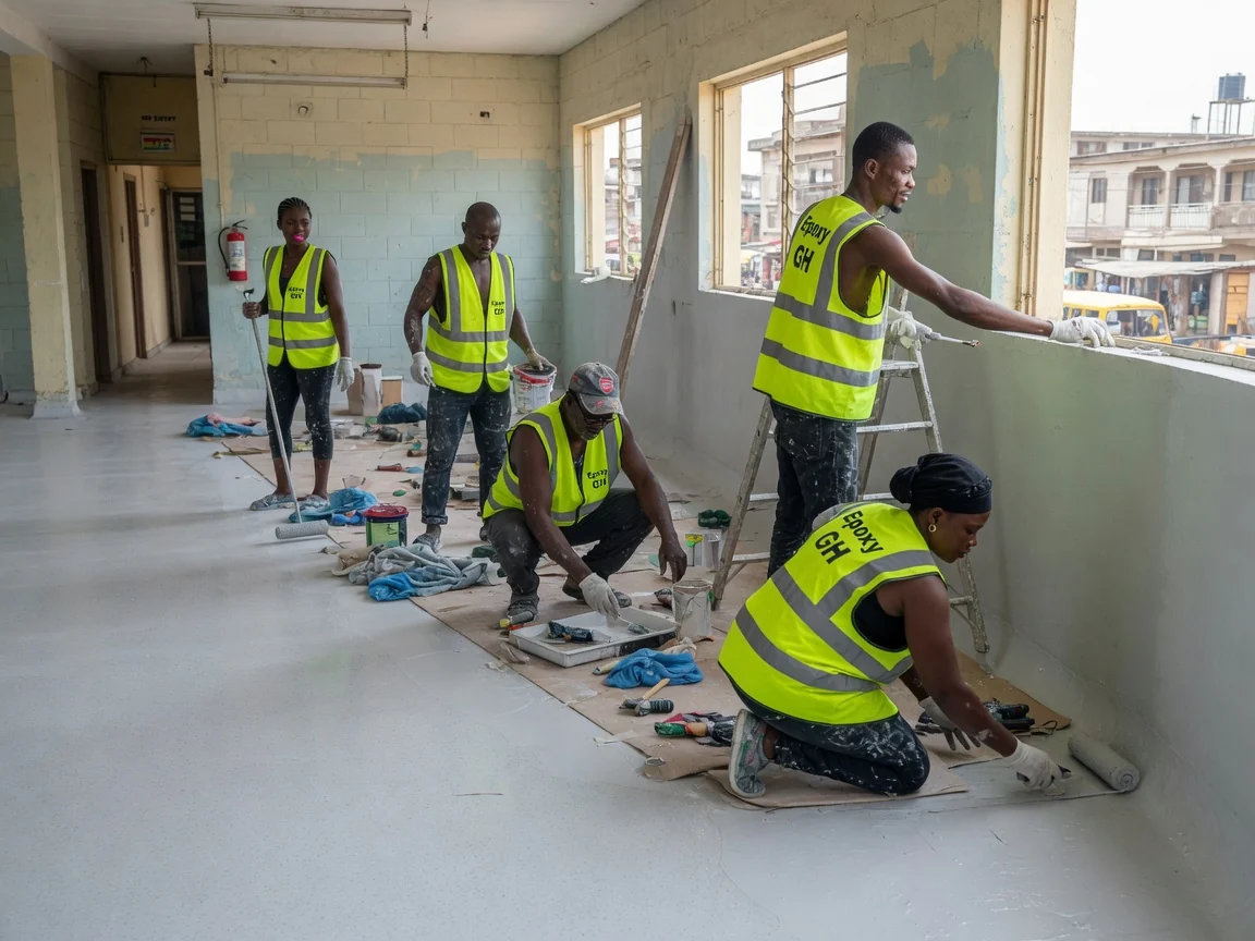 Hygienic coved epoxy floor for food and pharma in Accra, Ghana — hygienic epoxy washdown seamless floor pharma epoxygh, Accra Ghana