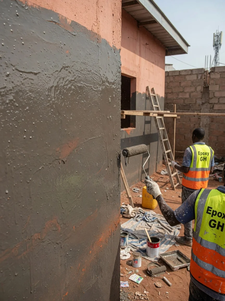 UV-stable polyurethane topcoat over epoxy in Accra, Ghana — polyaspartic topcoat gloss finish closeup epoxygh, Accra Ghana