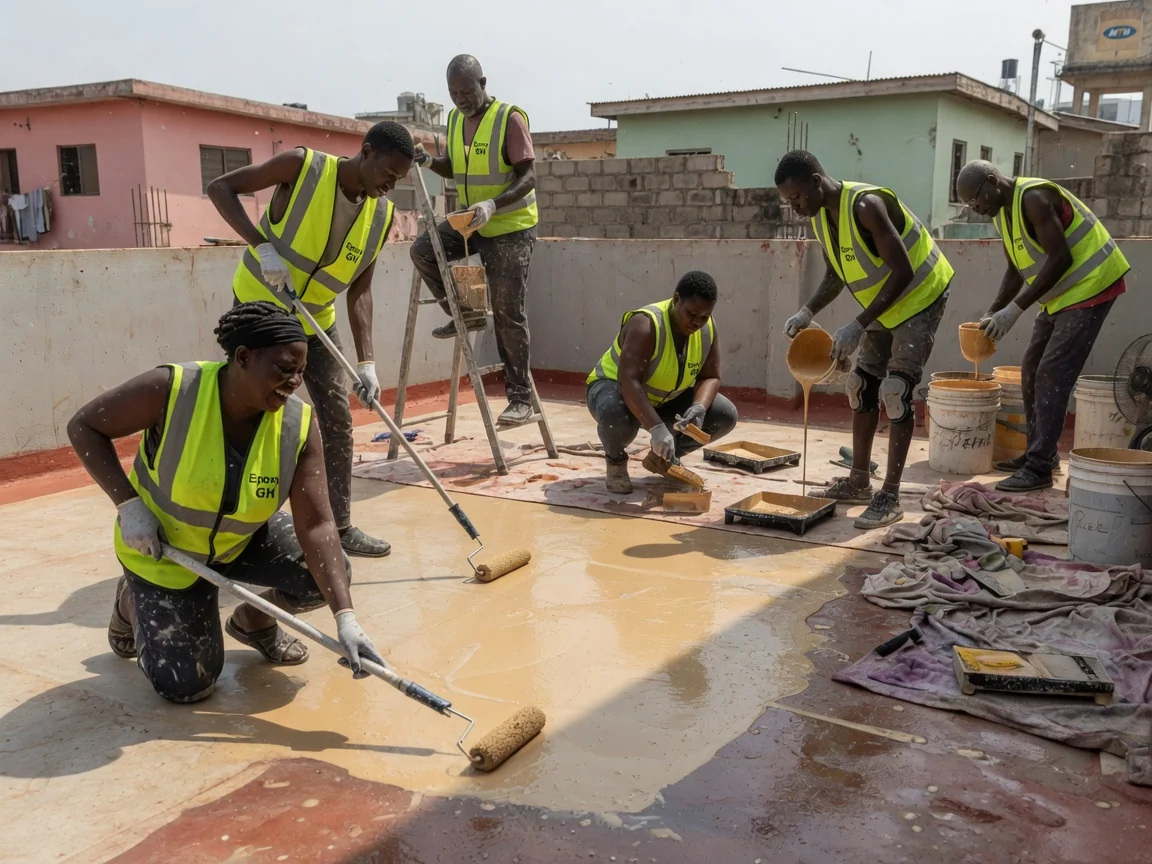 UV-stable polyurethane topcoat over epoxy in Accra, Ghana — polyurethane topcoat rolling application showroom accra epoxygh, Accra Ghana