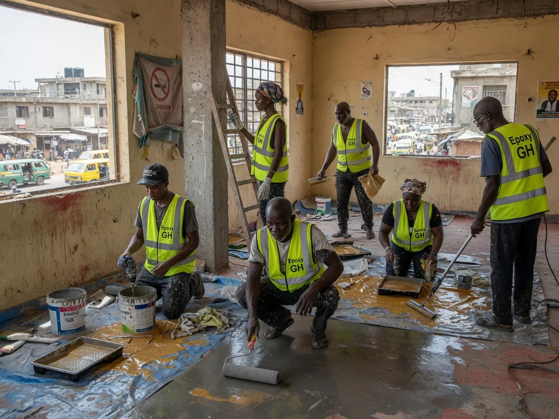 UV-stable polyurethane topcoat over epoxy in Accra, Ghana — polyurethane topcoat sunlit loading bay accra epoxygh, Accra Ghana
