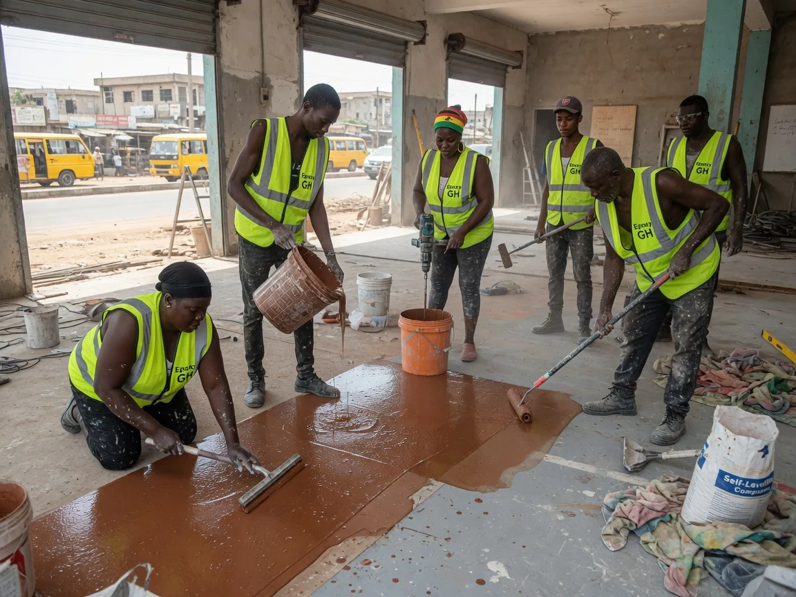 Self-levelling epoxy floor in Accra, Ghana — self levelling epoxy seamless production hall accra epoxygh, Accra Ghana