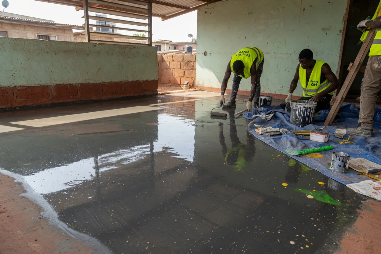 Self-levelling epoxy floor in Accra, Ghana — self levelling epoxy spiked roller wet edge closeup epoxygh, Accra Ghana