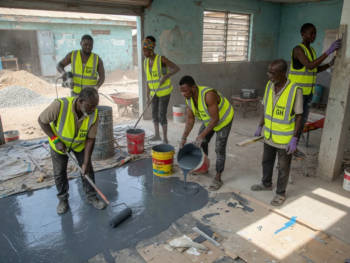 Self-levelling epoxy floor in Accra, Ghana — slab moisture test rh probe accra epoxygh, Accra Ghana