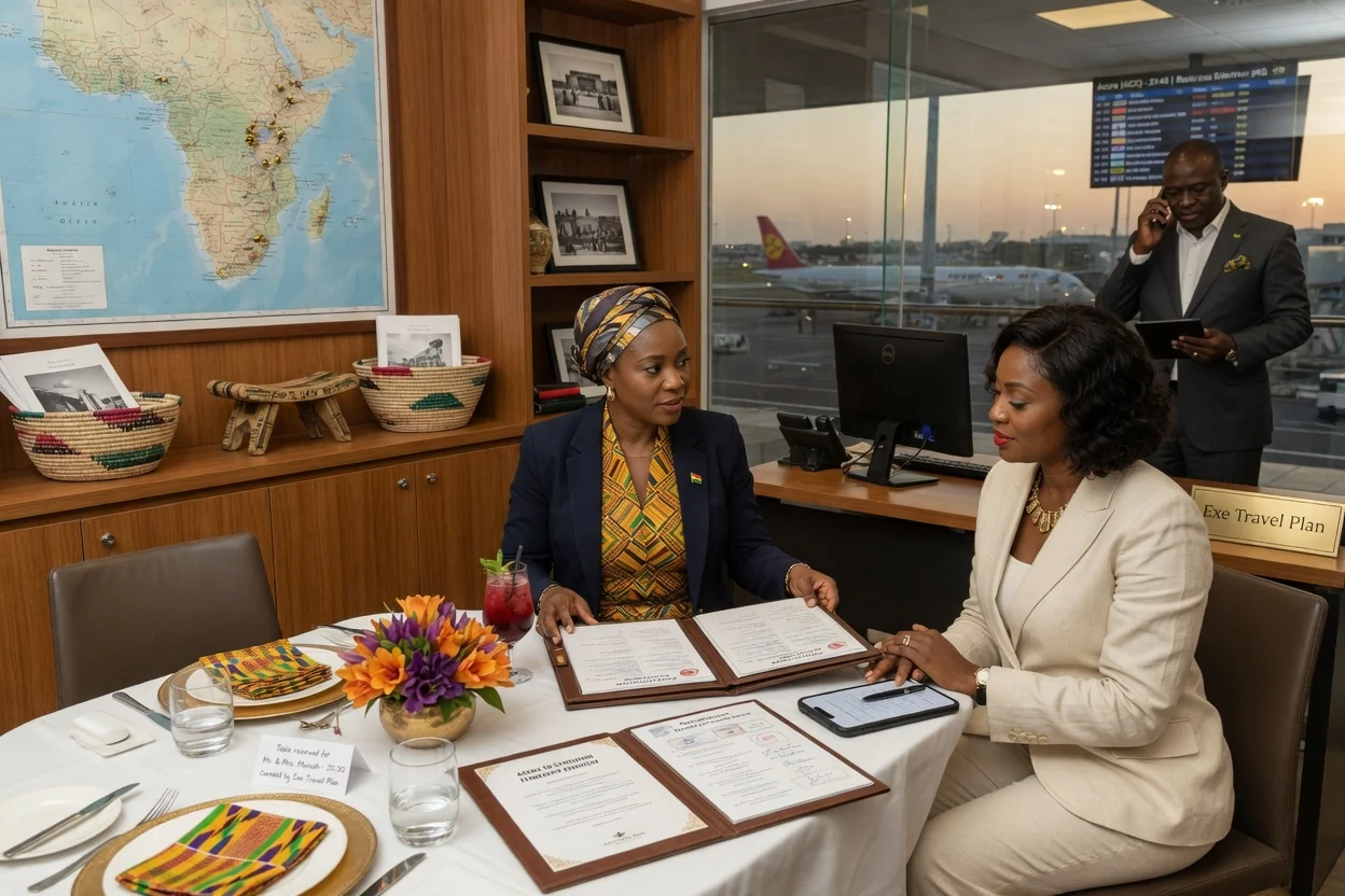 White-glove travel concierge & VIP coordination from Ghana — exe travel plan concierge curated fine dining reserved table premium branded dubai exetravelplan, Accra Ghana
