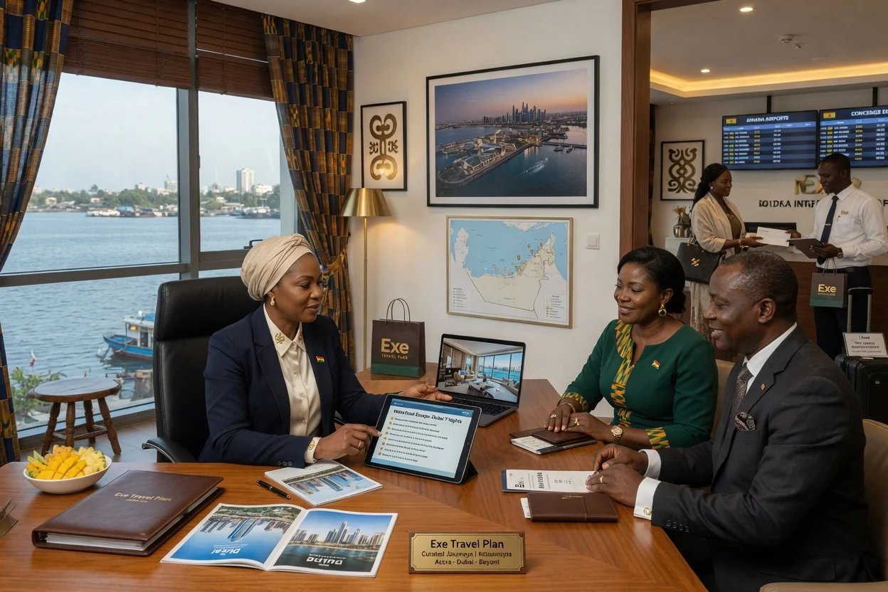 Curated Dubai destination experiences from Ghana — exe travel plan dubai luxury accommodation waterfront curated branded dubai exetravelplan, Accra Ghana