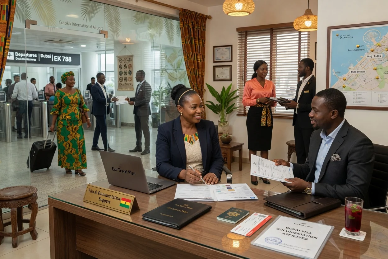 Assistance visa Dubaï et documentation honnêtes depuis le Ghana — exe travel plan dubai visa documentation support desk branded accra exetravelplan, Accra Ghana