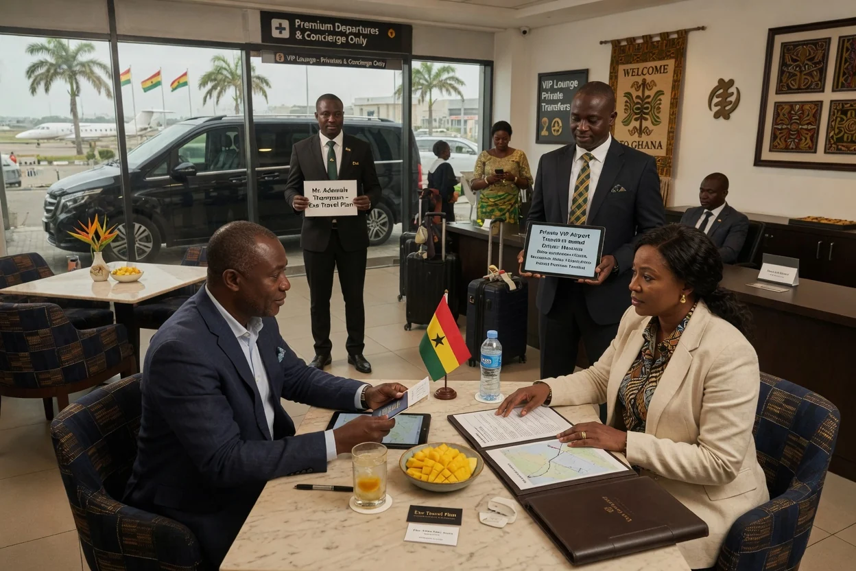 White-glove travel concierge & VIP coordination from Ghana — exe travel plan private vip airport transfer named driver premium branded dubai exetravelplan, Accra Ghana