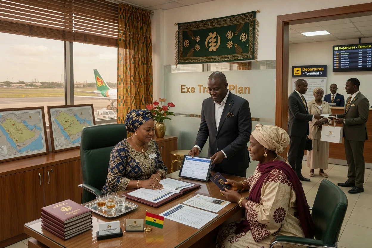 Voyages de pèlerinage et de groupes de foi coordonnés depuis le Ghana — exe travel plan umrah pilgrimage group respectful coordination branded accra exetravelplan, Accra Ghana