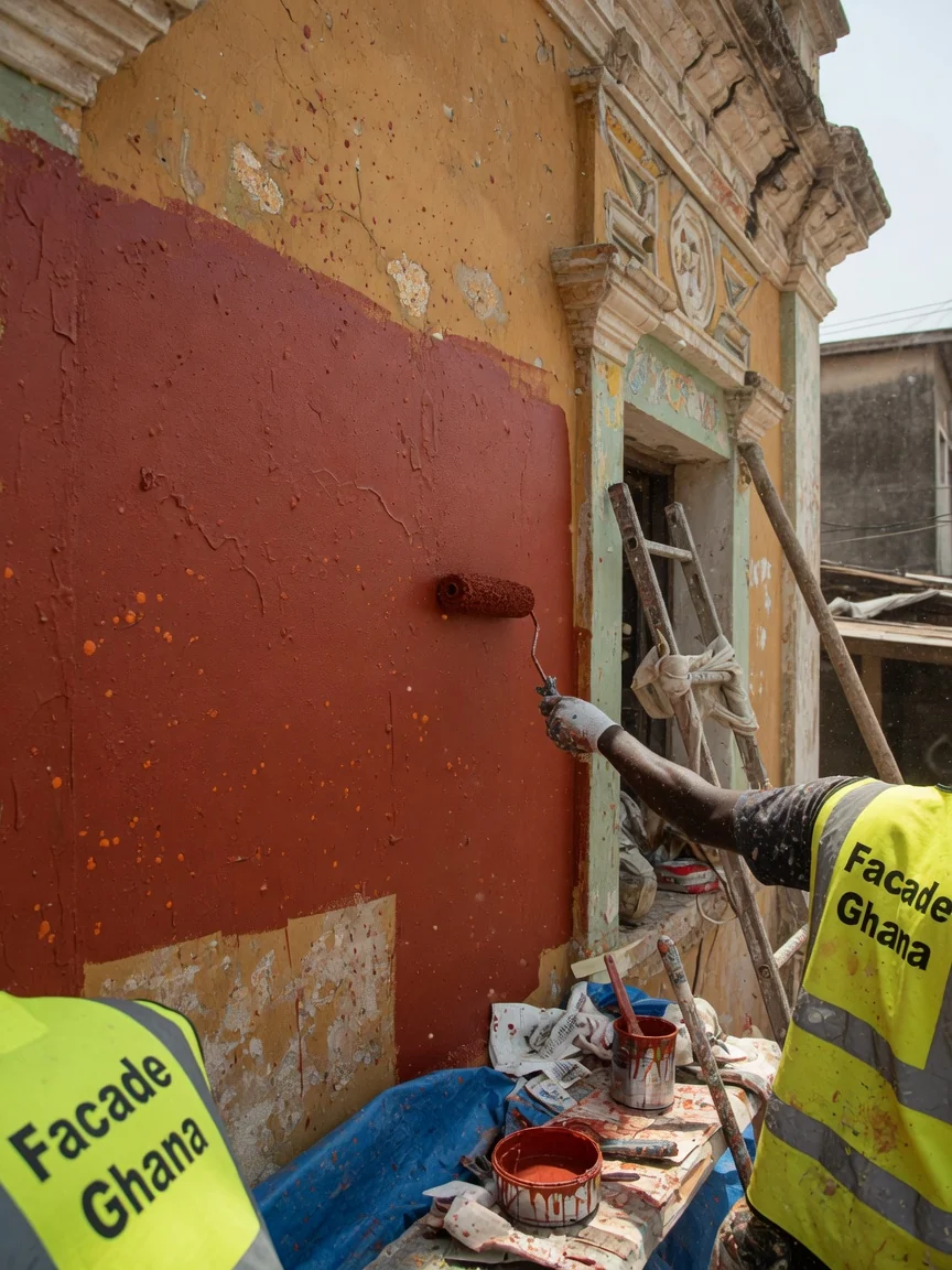 Heritage façade restoration in Ghana — heritage facade moulding detail repair matching craft facadeghana, Accra Ghana