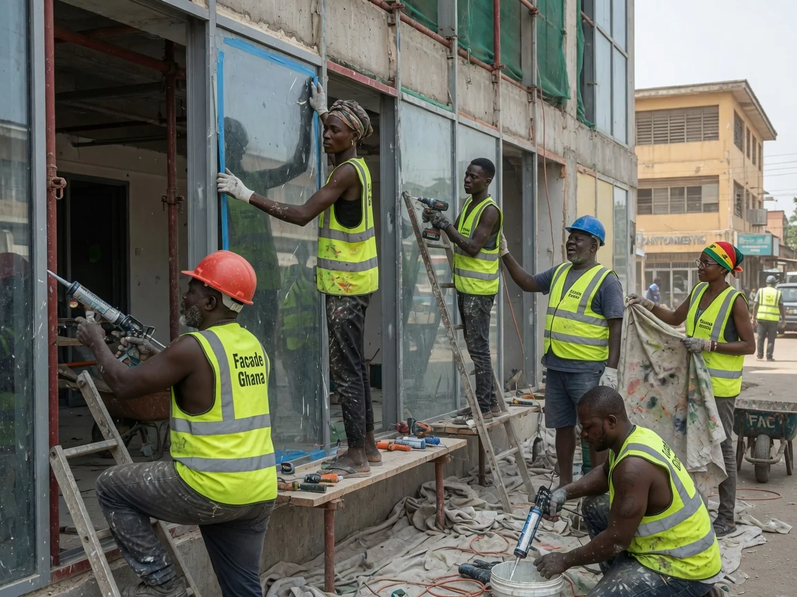 Stick-built curtain wall mullion and transom grid on an education building elevation in Accra by Facade Ghana