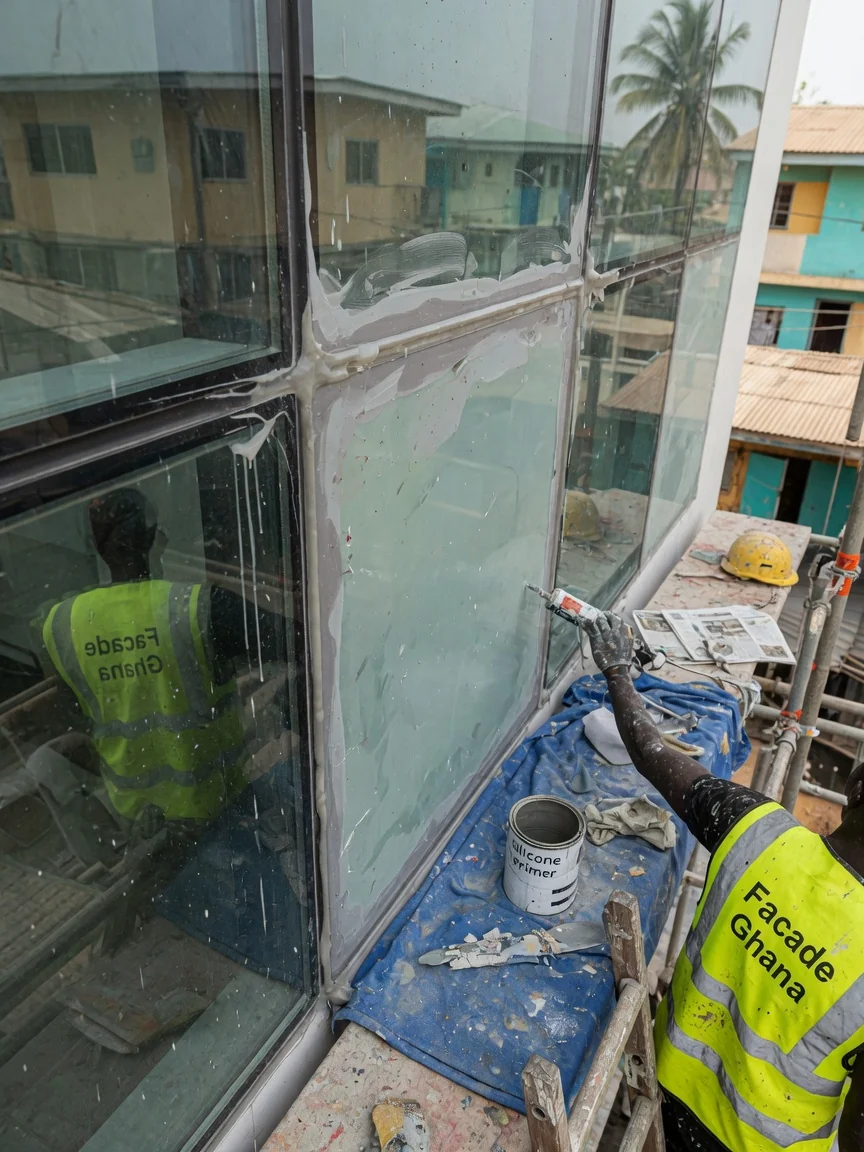 Structural silicone glazing and frameless glass façades in Ghana — structural silicone bond glueline bite section detail facadeghana, Accra Ghana