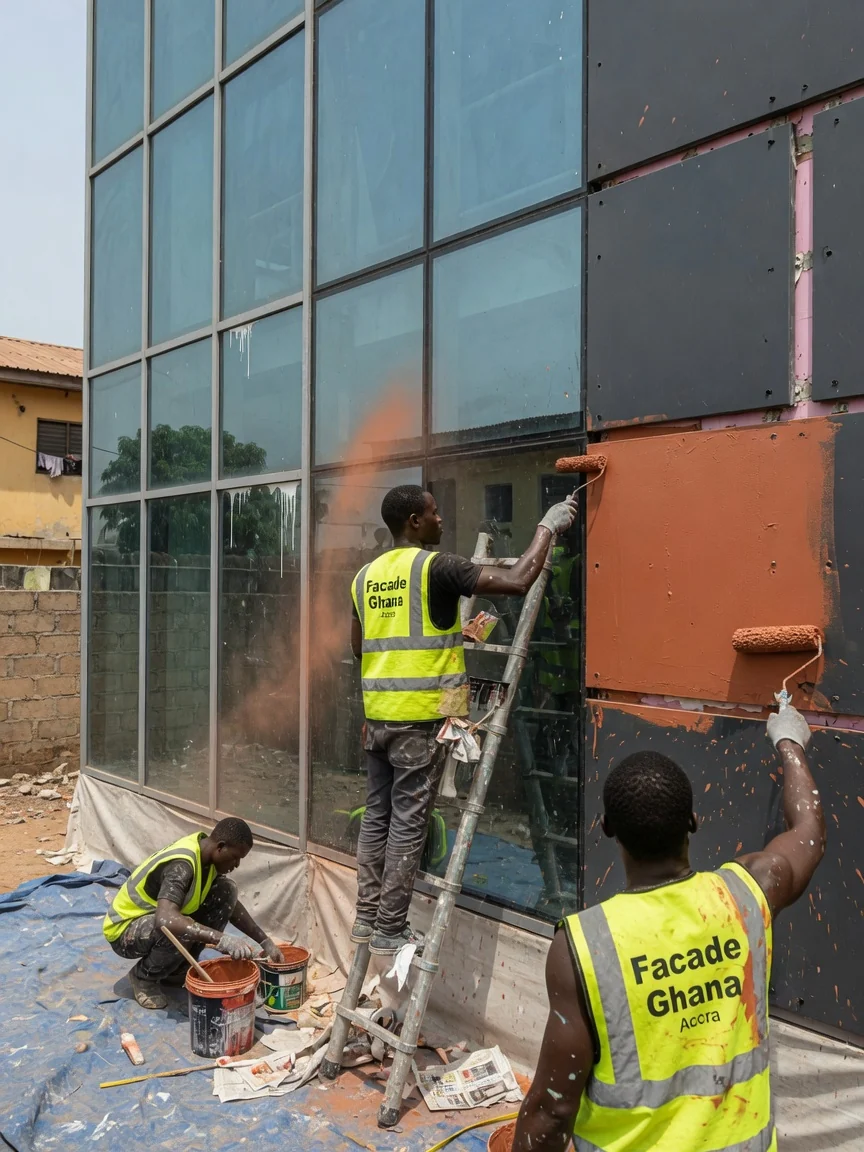 Façade systems compared in Ghana — curtain wall, structural glazing, rainscreen — ventilated rainscreen cavity cladding install detail facadeghana, Accra Ghana