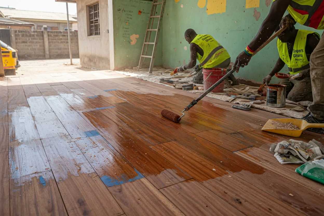 Premium hardwood floor installation in Accra, Ghana — engineered hardwood glue down expansion gap detail accra floorexpertsghana, Accra Ghana