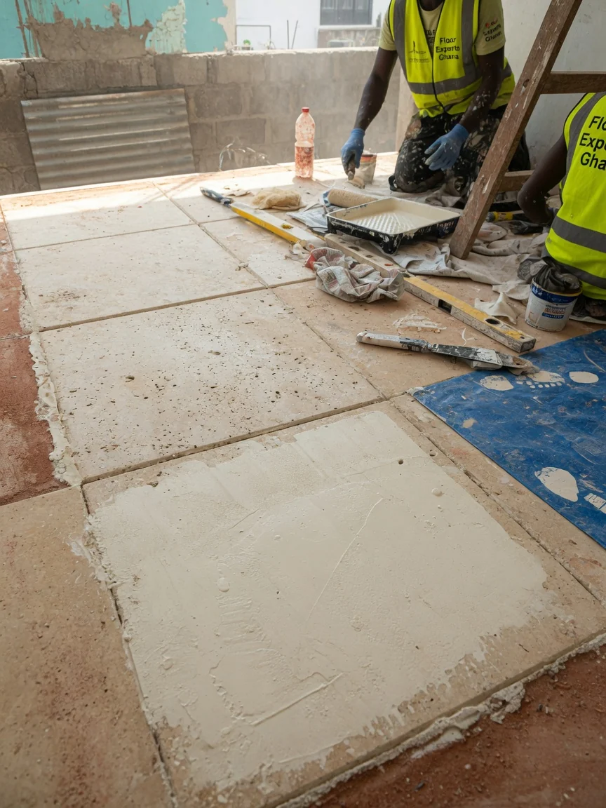 Travertine floor installation in Accra, Ghana — filled and honed travertine void fill detail cantonments floorexpertsghana, Accra Ghana