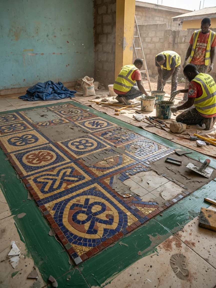 Custom mosaic floor installation in Accra, Ghana — glass stone tesserae white mortar setting detail accra floorexpertsghana, Accra Ghana