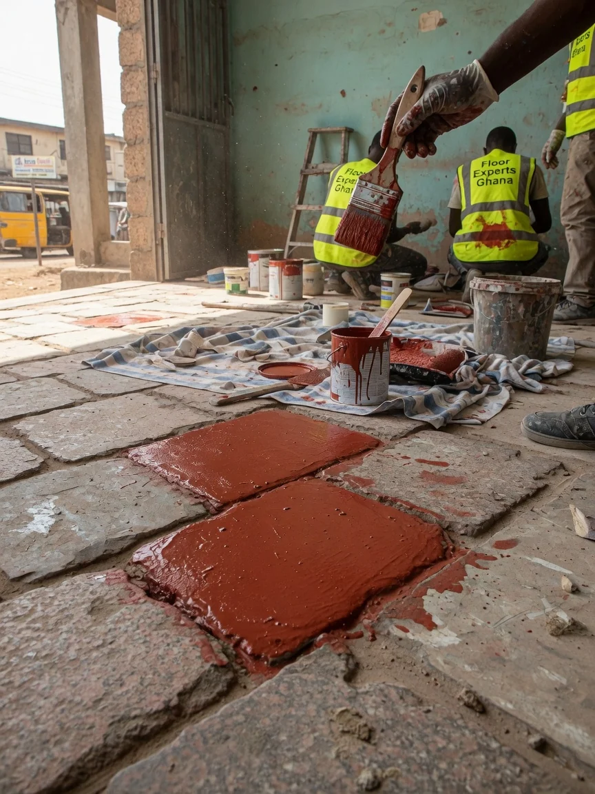 Heritage stone floor restoration in Ghana — marble crack void repair matched fill detail accra floorexpertsghana, Accra Ghana