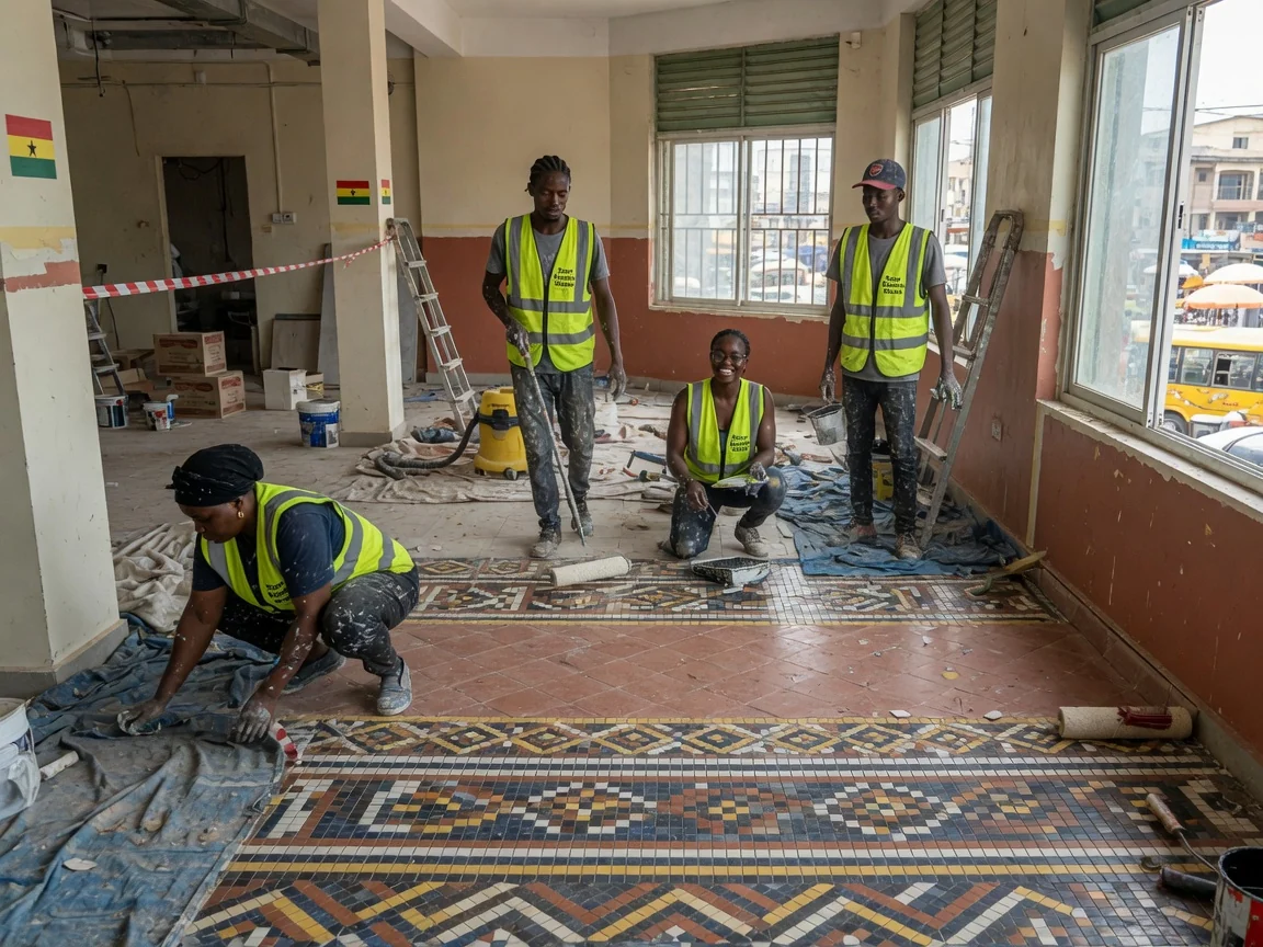 Custom mosaic floor installation in Accra, Ghana — mosaic medallion border grouting raking light floorexpertsghana, Accra Ghana