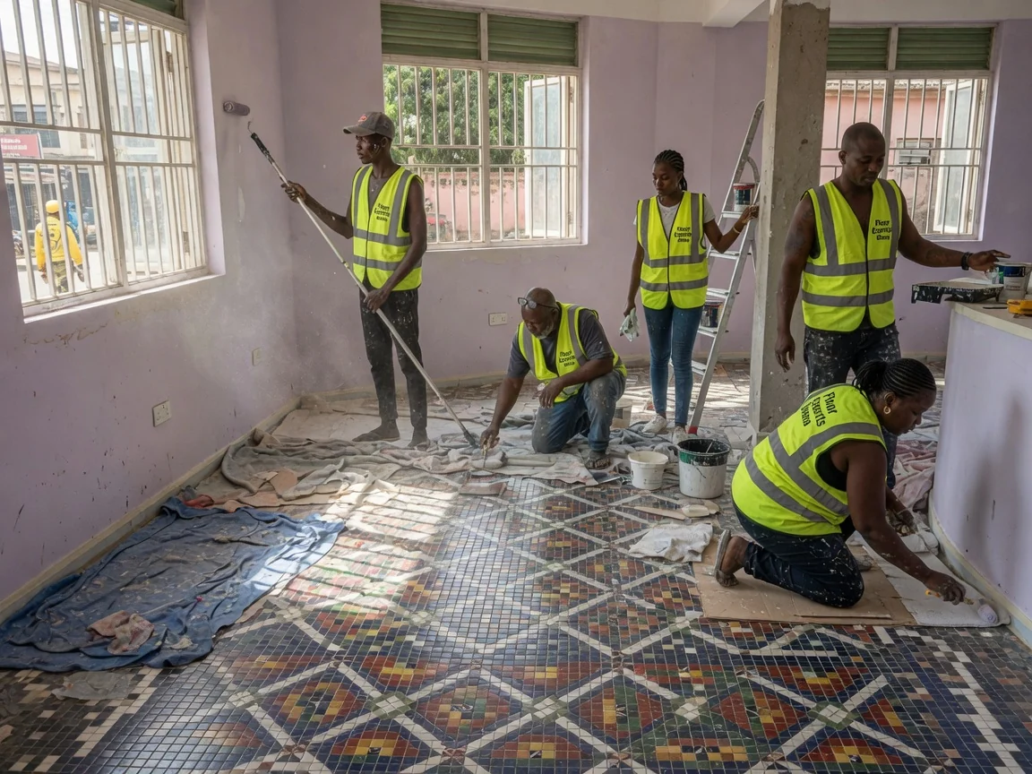 Custom mosaic floor installation in Accra, Ghana — mosaic pattern dry set layout centre lines cantonments floorexpertsghana, Accra Ghana