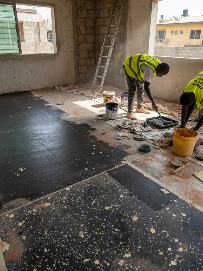 Luxury residential floors in Accra, Ghana — multi material floor threshold detail stone wood accra floorexpertsghana, Accra Ghana
