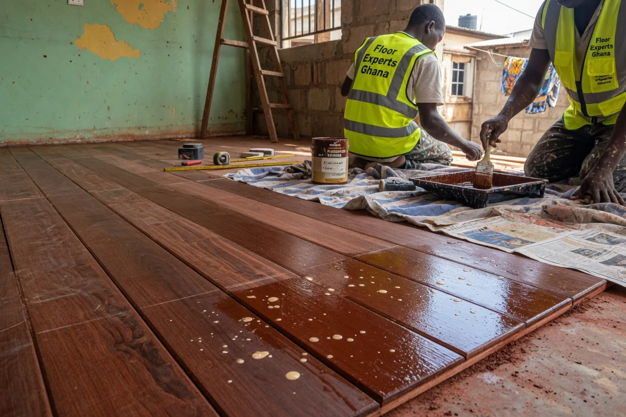 Premium hardwood floor installation in Accra, Ghana — oak floor on site sanding oil finish closeup floorexpertsghana, Accra Ghana