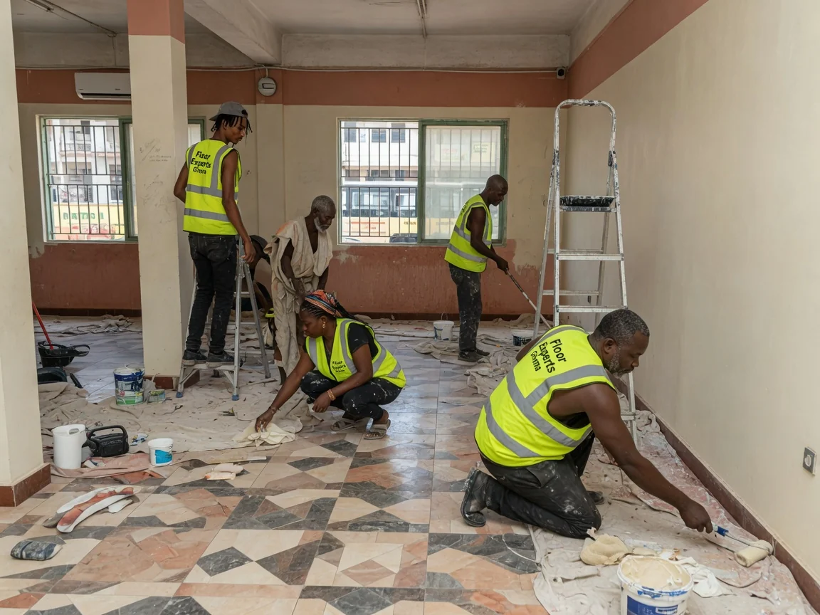Premium porcelain tile installation in Accra, Ghana — rectified porcelain tight joint raking light inspection floorexpertsghana, Accra Ghana