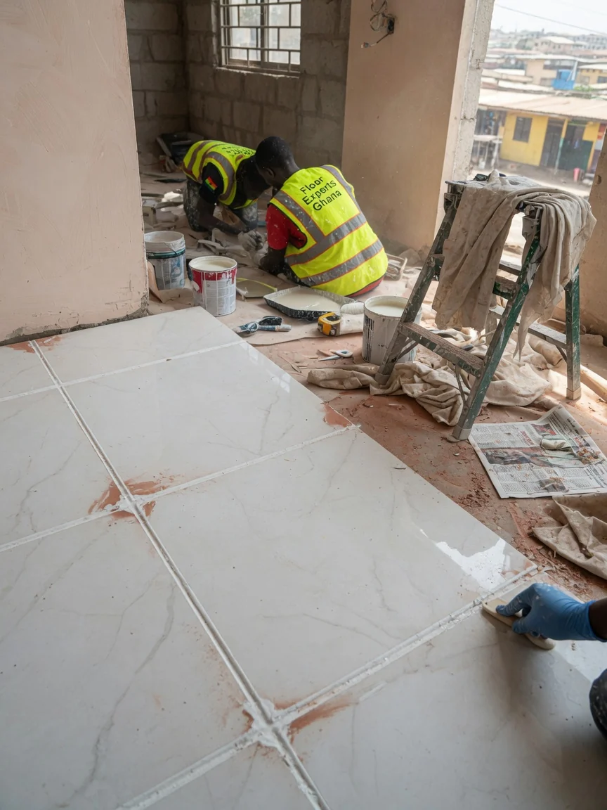 Premium porcelain tile installation in Accra, Ghana — tile movement joint flexible sealant detail accra floorexpertsghana, Accra Ghana