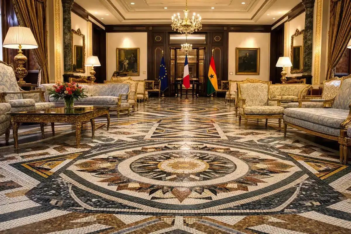 Custom mosaic floor installation in Accra, Ghana — service custom mosaic floors embassy reception cantonments accra, Accra Ghana