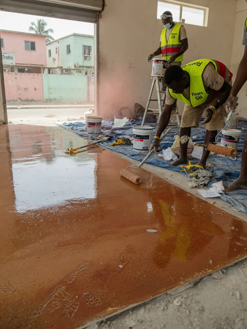 Specification-grade epoxy flooring in Accra, Ghana — broadcast quartz epoxy finish closeup floorsgh, Accra Ghana