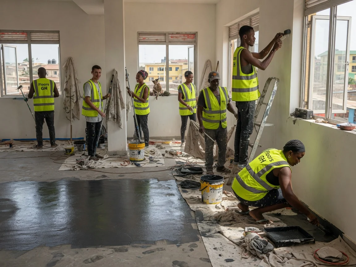 Polished concrete flooring in Accra, Ghana — polished concrete mirror finish corporate lobby accra floorsgh, Accra Ghana
