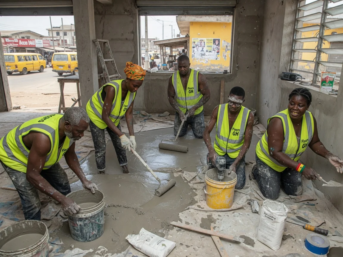 Self-levelling compound substrate preparation in Accra, Ghana — self levelling compound continuous pour spike roller accra floorsgh, Accra Ghana