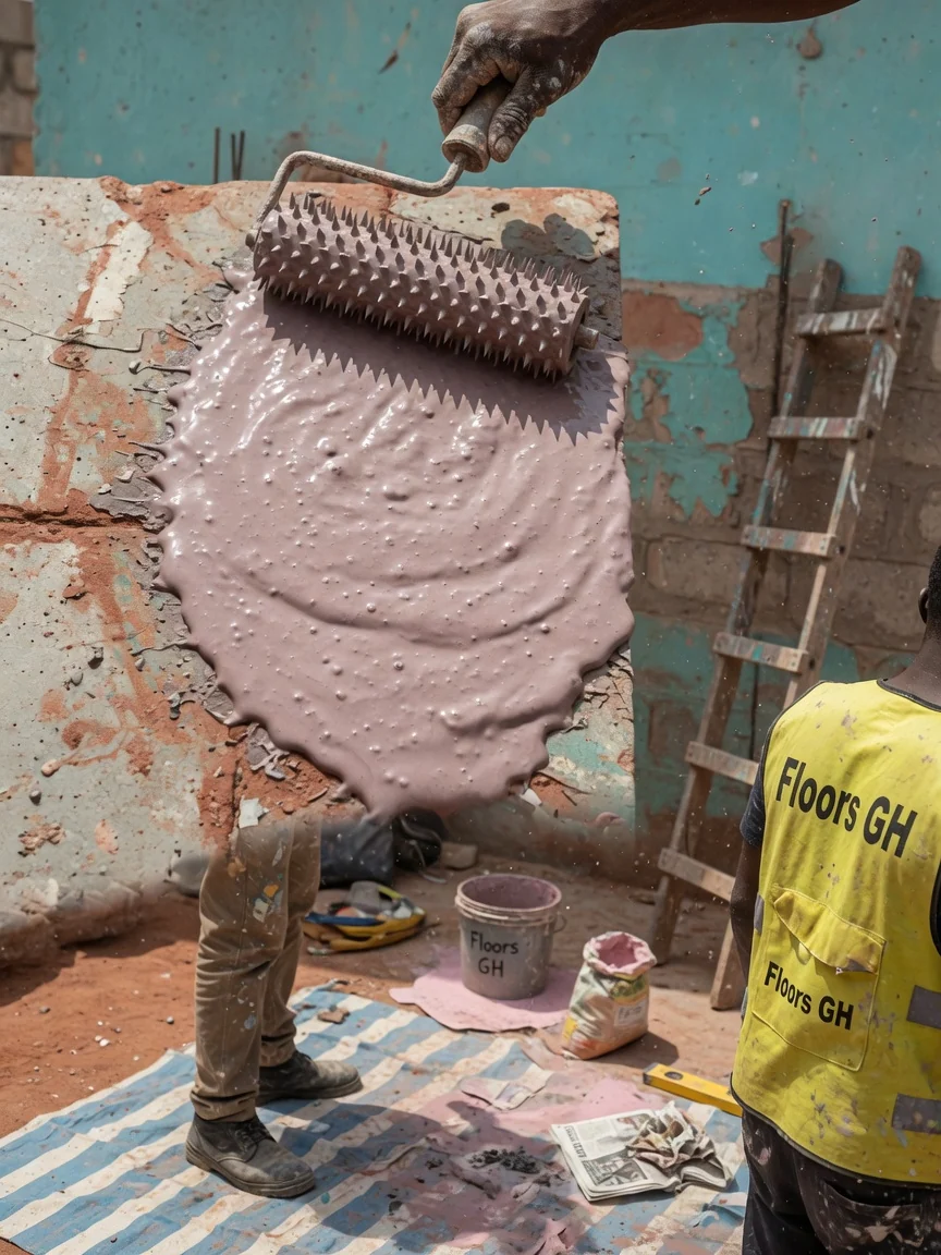 Self-levelling compound substrate preparation in Accra, Ghana — self levelling primed substrate finished plane closeup floorsgh, Accra Ghana