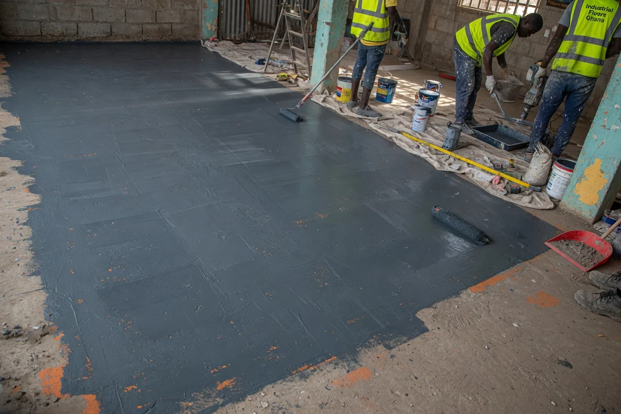 Heavy-traffic industrial flooring in Tema, Ghana — abrasion resistant floor finish closeup tema industrialfloorsghana, Accra Ghana