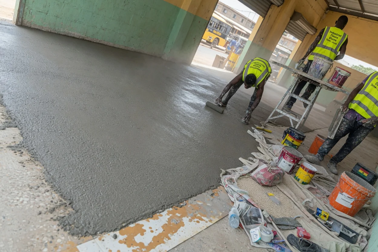 Food-grade PU screed flooring in Tema, Ghana — anti slip wash down floor drain detail industrialfloorsghana, Accra Ghana