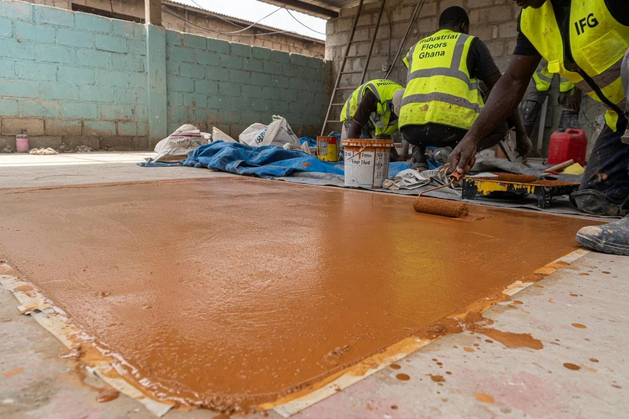 Industrial epoxy flooring in Tema, Ghana — broadcast quartz epoxy floor finish closeup industrialfloorsghana, Accra Ghana