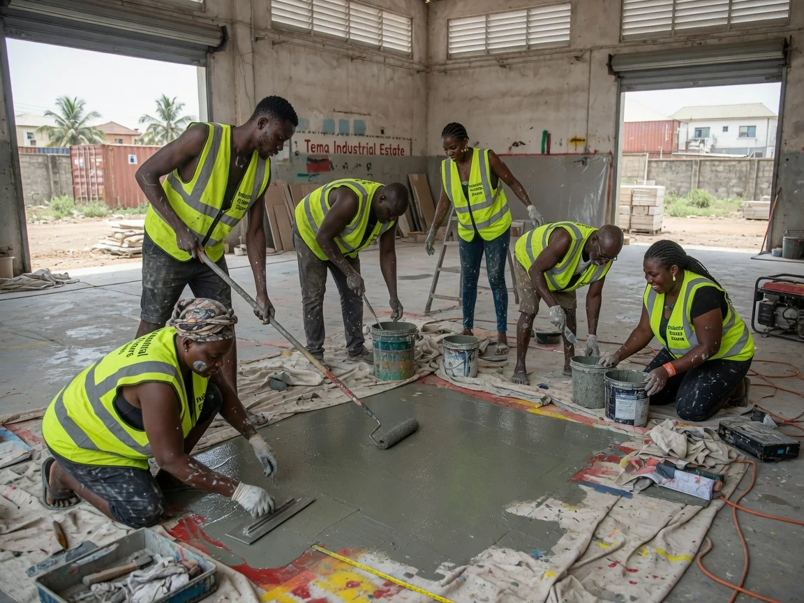 Chemical-resistant flooring in Tema, Ghana — chemical resistant floor bunded processing industrialfloorsghana, Accra Ghana