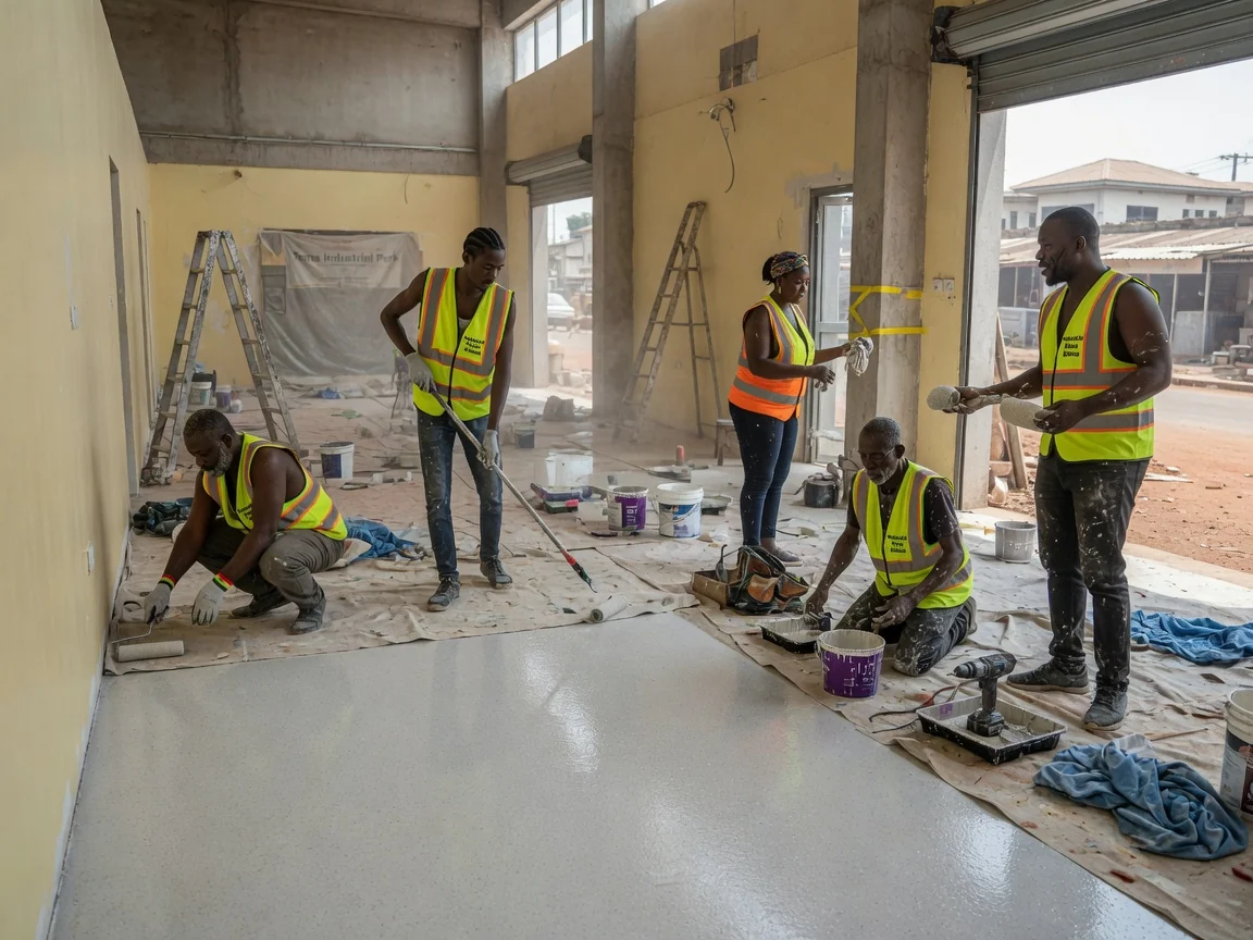 Food-grade PU screed flooring in Tema, Ghana — seamless coved wall junction food hall industrialfloorsghana, Accra Ghana