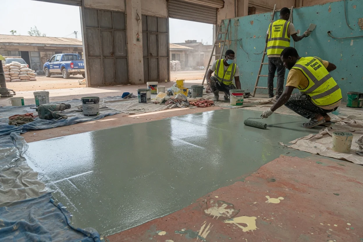 Chemical-resistant flooring in Tema, Ghana — secondary containment bund coved detail industrialfloorsghana, Accra Ghana