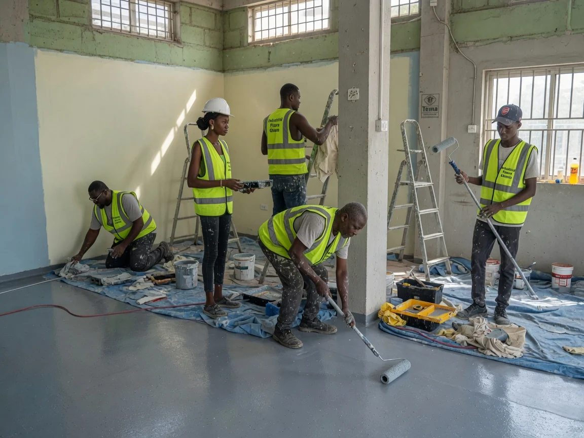 Chemical-resistant flooring in Tema, Ghana — vinyl ester acid resistant floor battery room tema industrialfloorsghana, Accra Ghana