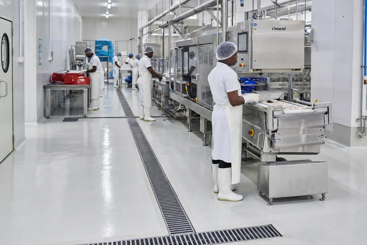 Food-grade PU screed flooring in Tema, Ghana — service food grade flooring food processing spintex, Accra Ghana