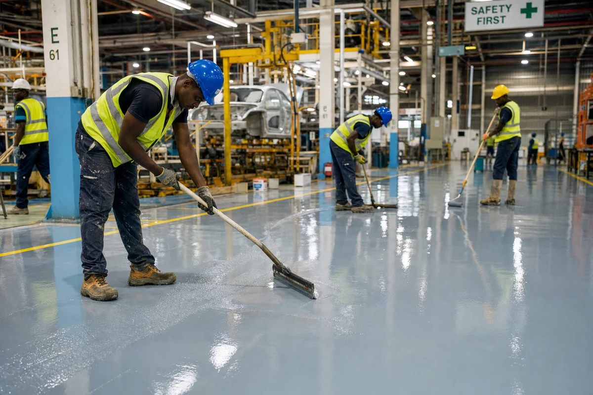 Industrial epoxy flooring in Tema, Ghana — service industrial epoxy floors automotive plant tema, Accra Ghana