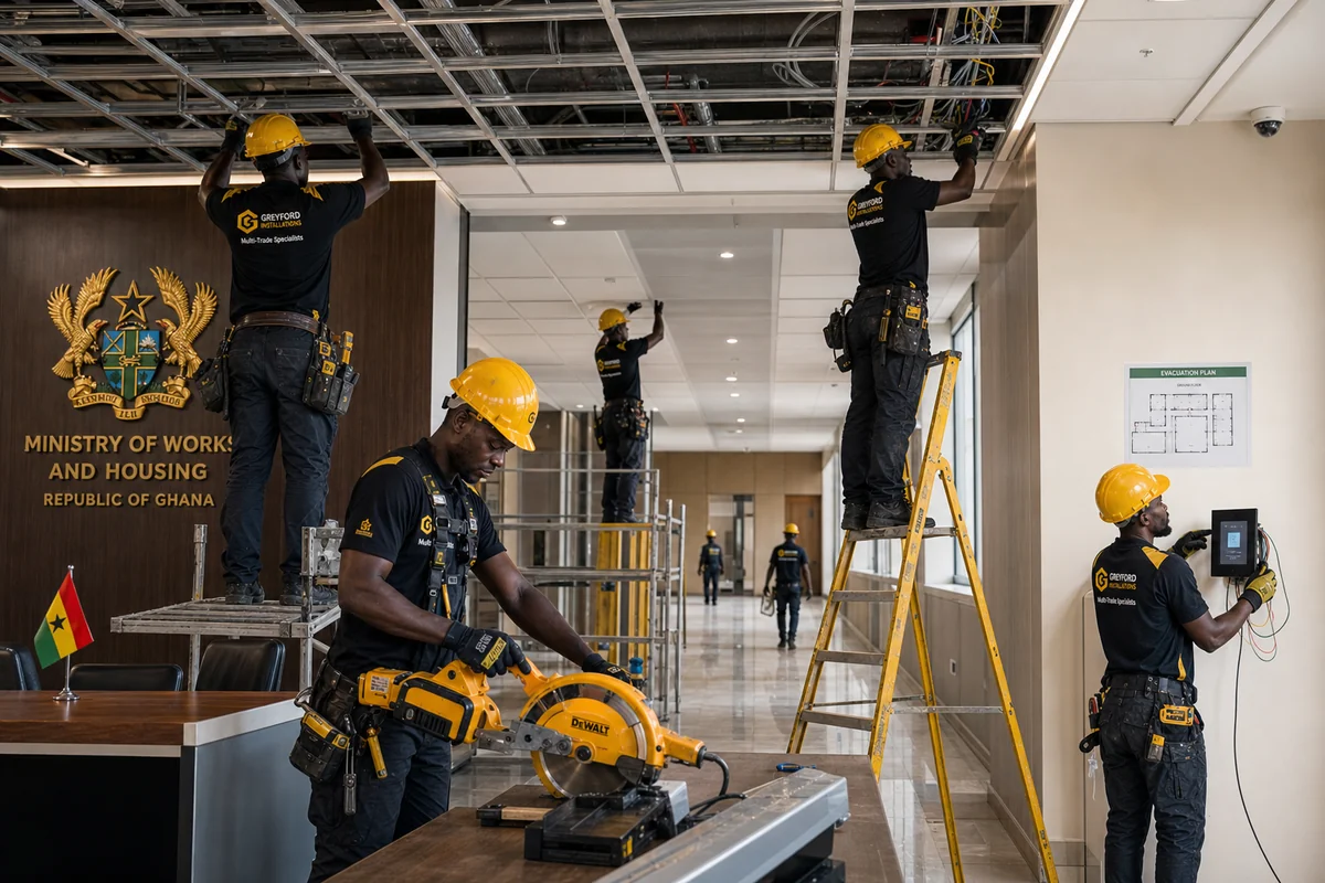 Government building fit-out installation in progress in Accra