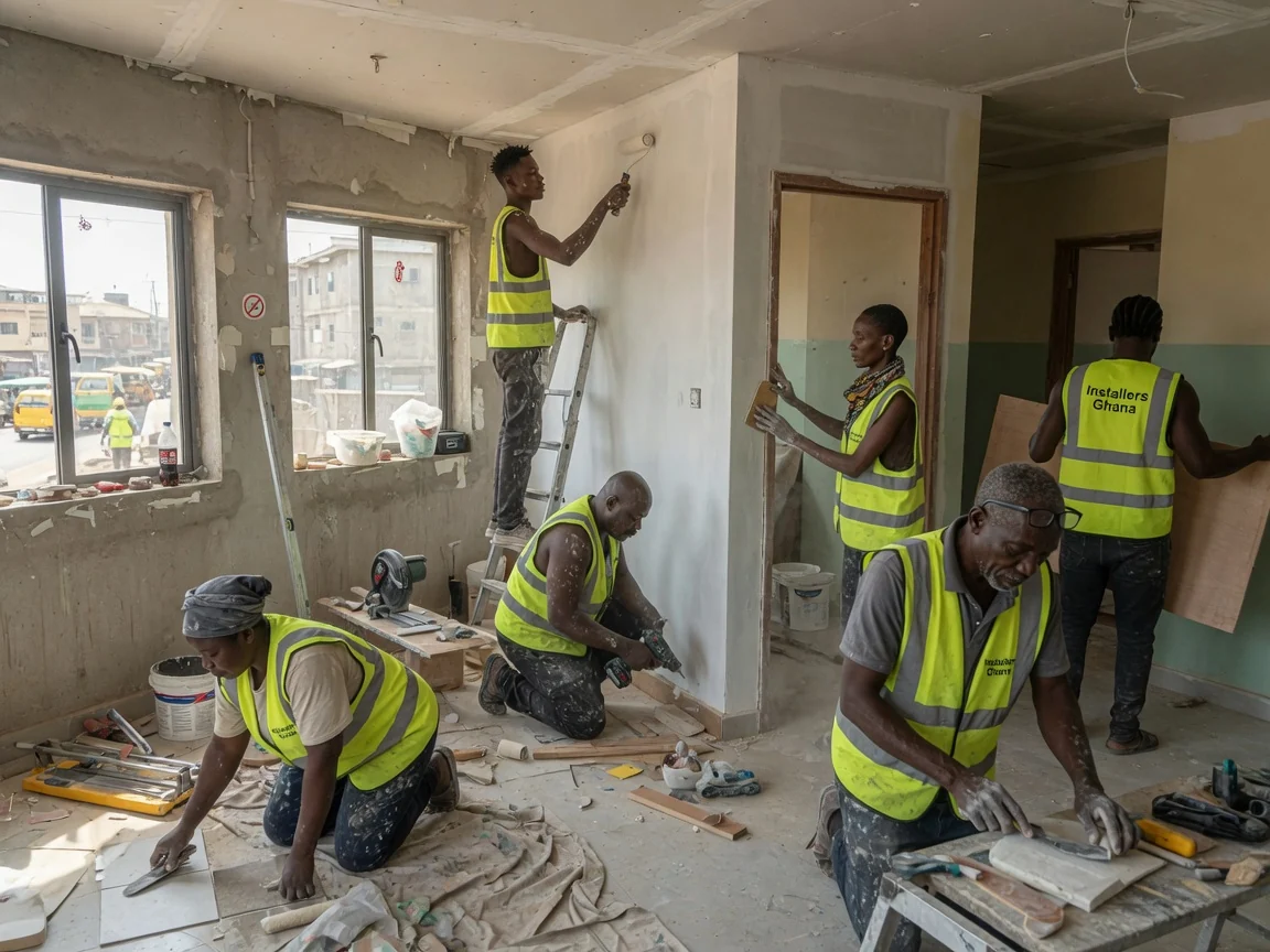 Interior finishes detail — flooring, walls, ceilings, joinery — ceiling system lighting hvac integration accra installersghana, Accra Ghana