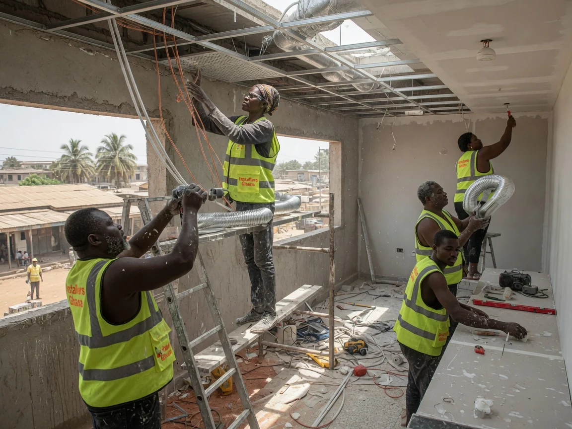 MEP services integrated with ceilings and finishes — hvac ductwork ceiling void coordination installersghana, Accra Ghana