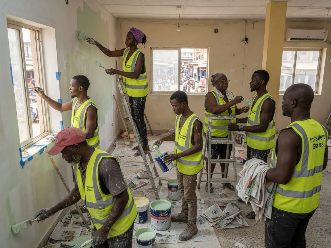 Interior trades sequenced under one programme — partition ceiling grid set out installersghana, Accra Ghana