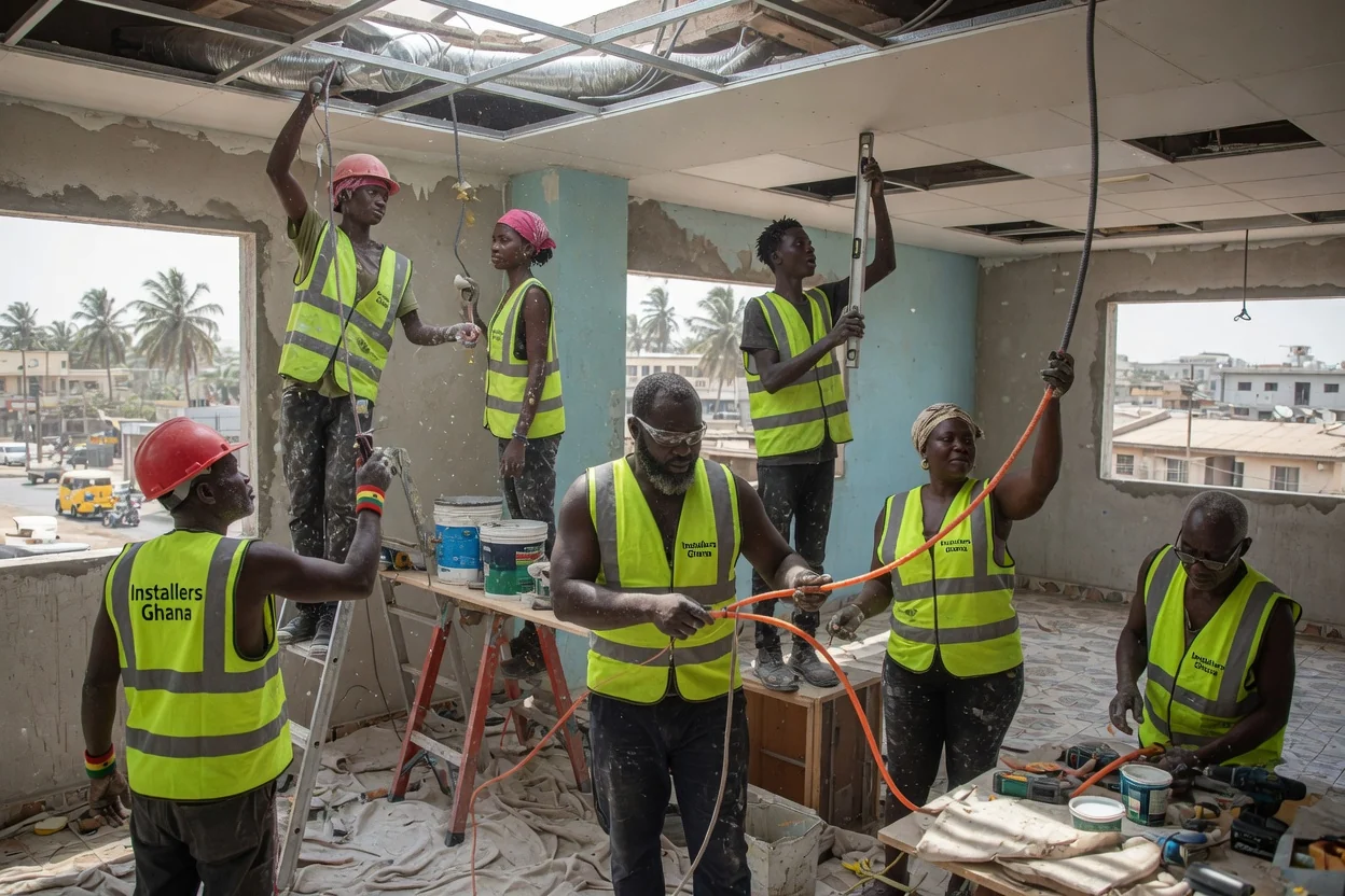 MEP services integrated with ceilings and finishes — plumbing sanitary runs coordinated joinery installersghana, Accra Ghana