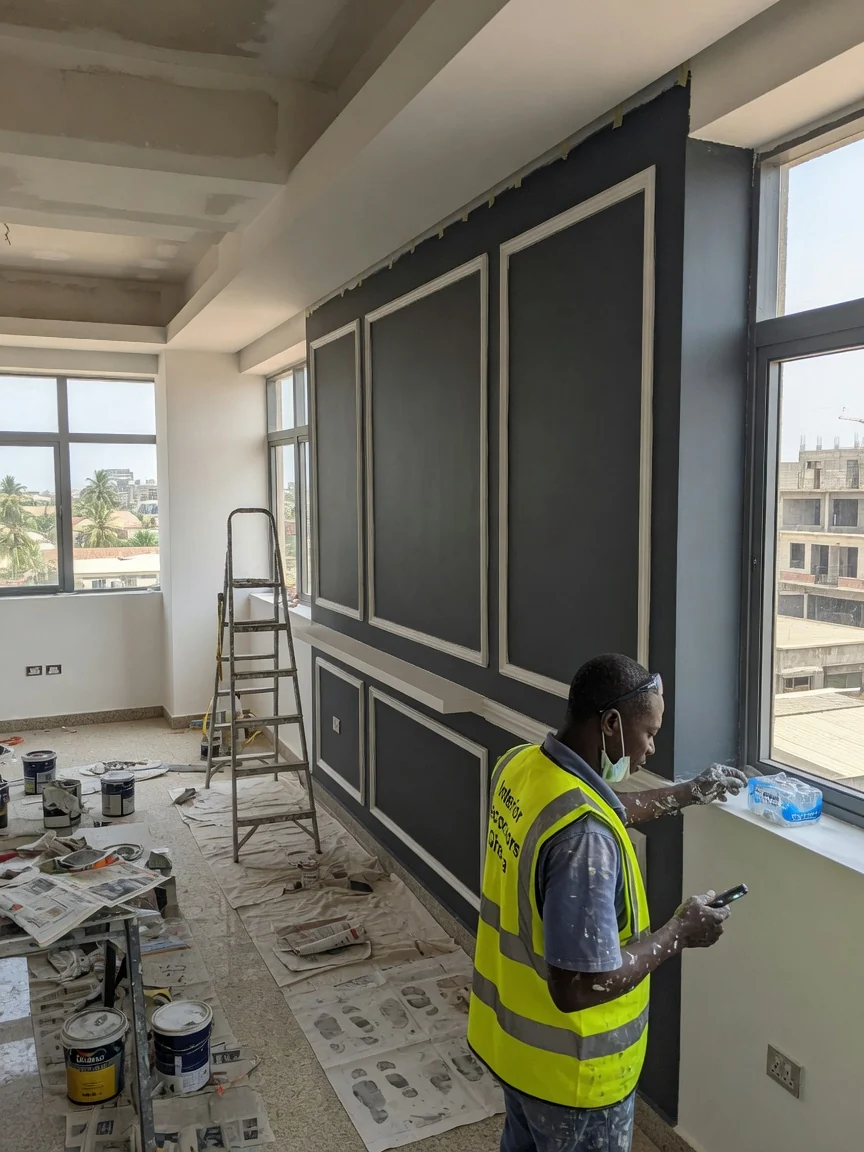 Executive corporate floor fit-out in Accra — open plan office acoustic ceiling lighting cantonments interiordecoratorsghana, Accra Ghana