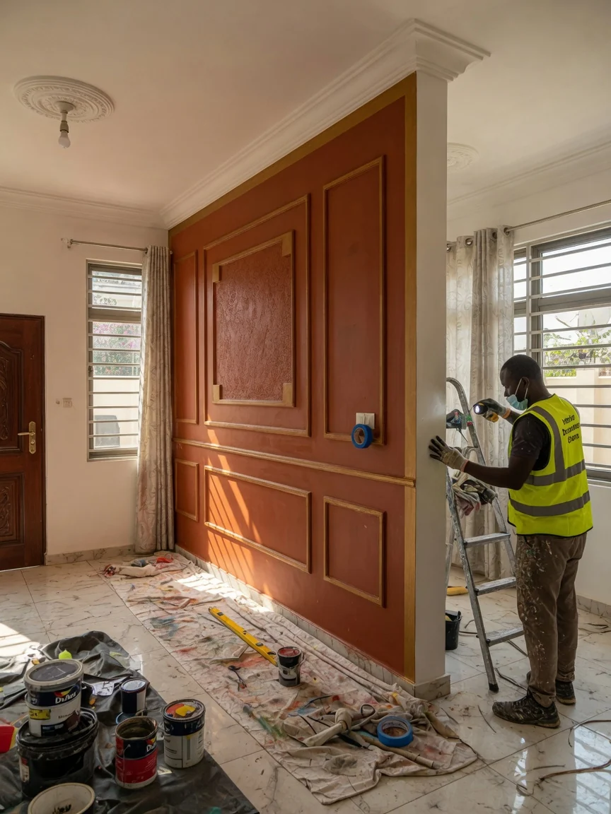 Complete luxury home interior in Accra — penthouse media wall feature lighting east legon interiordecoratorsghana, Accra Ghana