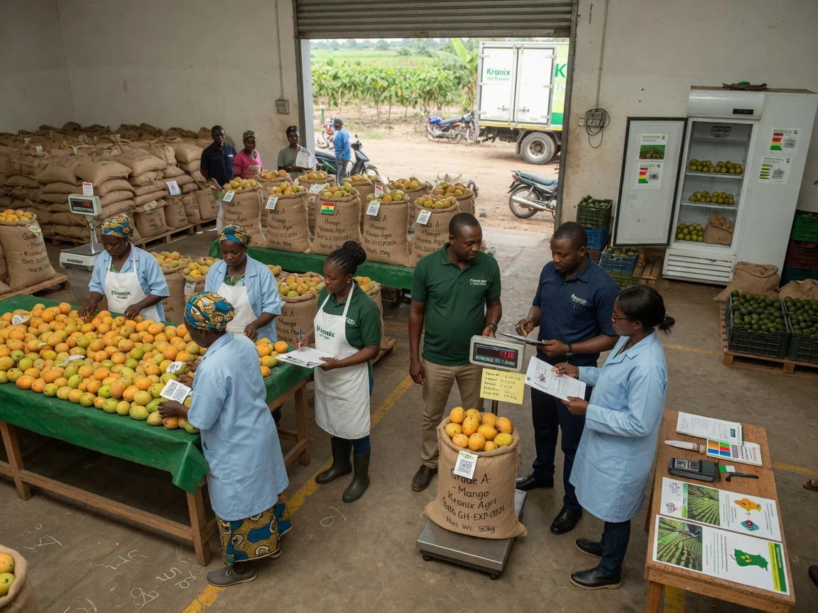 Contract-farming coordination across Ghana's growing zones — kronix agri aggregation point handover weight reconciliation branded accra kronixagri, Accra Ghana