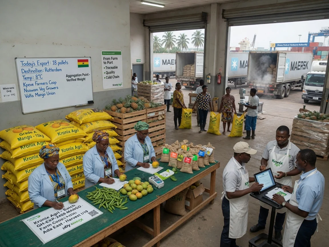 Commodity trade facilitation across Ghana and Togo corridors — kronix agri cold chain export logistics port handover branded lome kronixagri, Accra Ghana