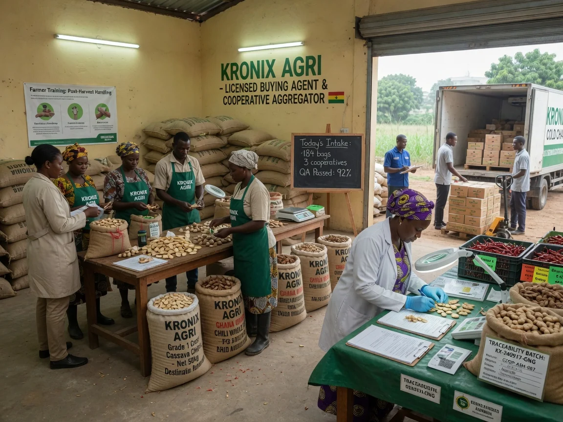 Commodity trade facilitation across Ghana and Togo corridors — kronix agri cooperative sourcing licensed buying agent branded ghana kronixagri, Accra Ghana